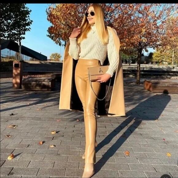 Zara Beige Camel Tan Faux Leather Slim Leg High Rise Pant Hem Slit Women’s Small - Picture 12 of 12